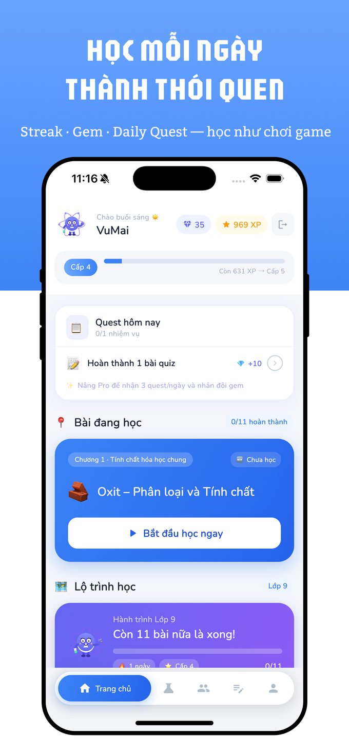 Màn hình Trang chủ Chembloom — streak, daily quest, gem