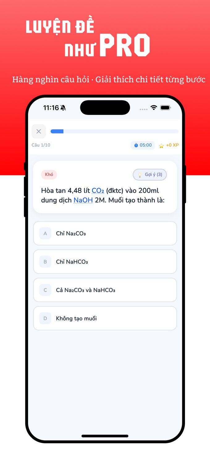 Màn hình làm quiz với timer và gợi ý